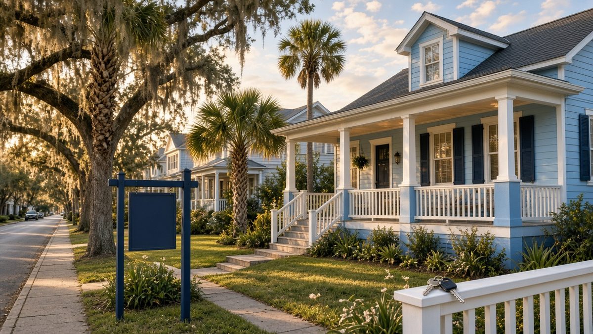 Best mortgage lender in Pensacola: pastel blue raised cottage with a wide porch, palm trees and live oaks, with house keys on the porch rail