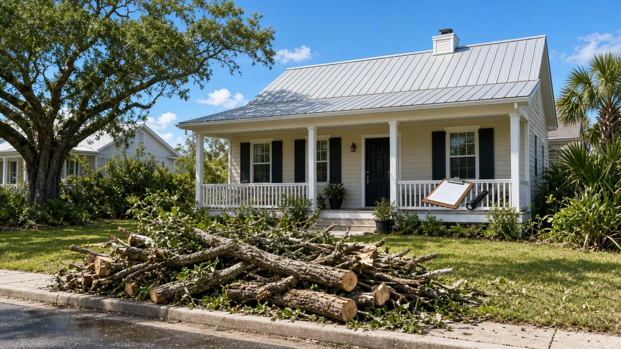 Buying a home in Pensacola after Hurricane Isaias: coastal cottage with a new metal roof, cut tree limbs at the curb and an inspector's clipboard on the porch