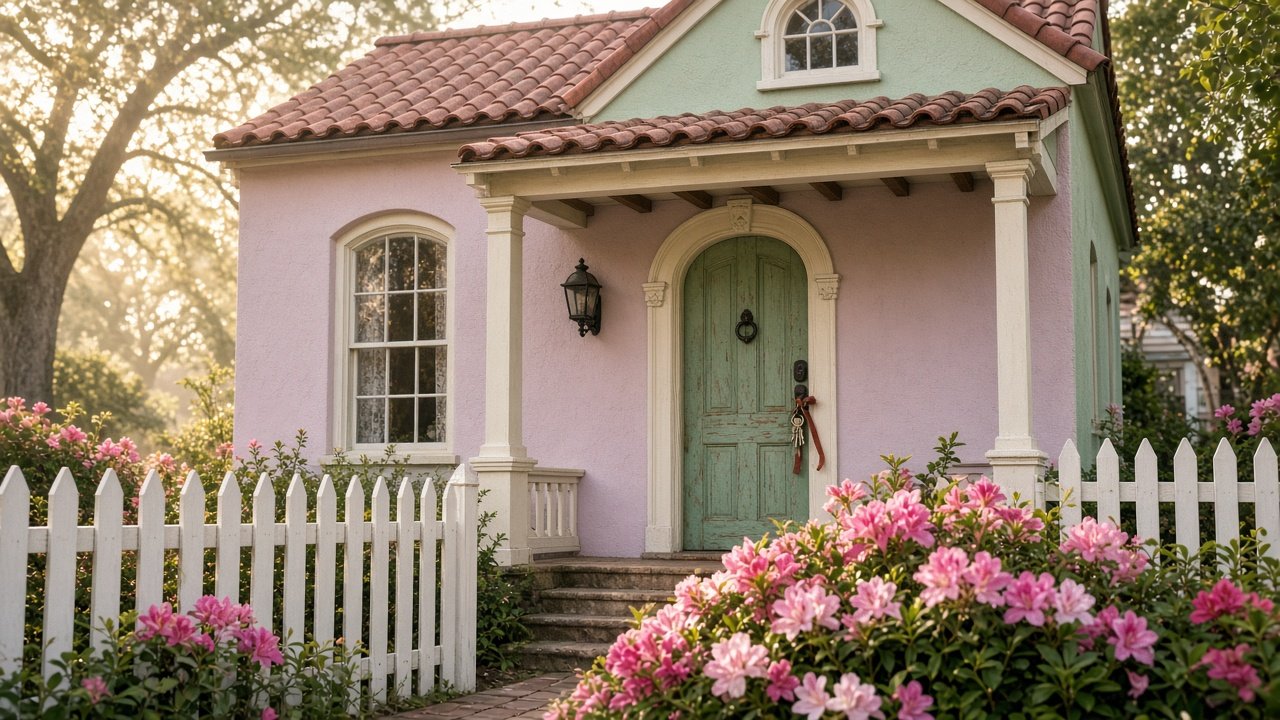 First-time home buyer Pensacola: historic pastel cottage with a picket fence, azaleas and new house keys hanging from the front door