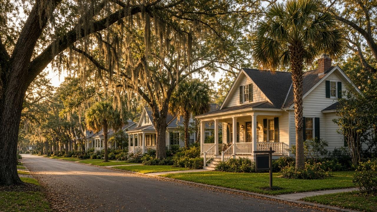 Pensacola housing market fall 2026: tree-lined Pensacola street of cottage homes with live oaks and Spanish moss at golden hour