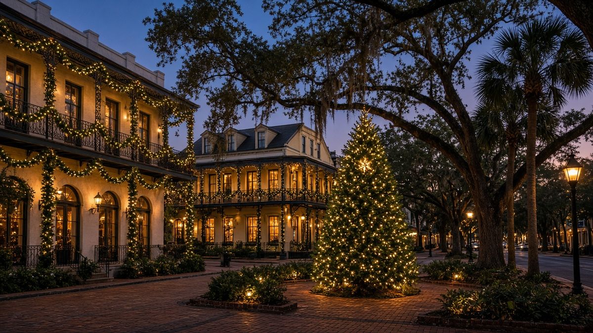 Pensacola winter home buying: historic downtown street and plaza lit up with holiday lights under live oaks