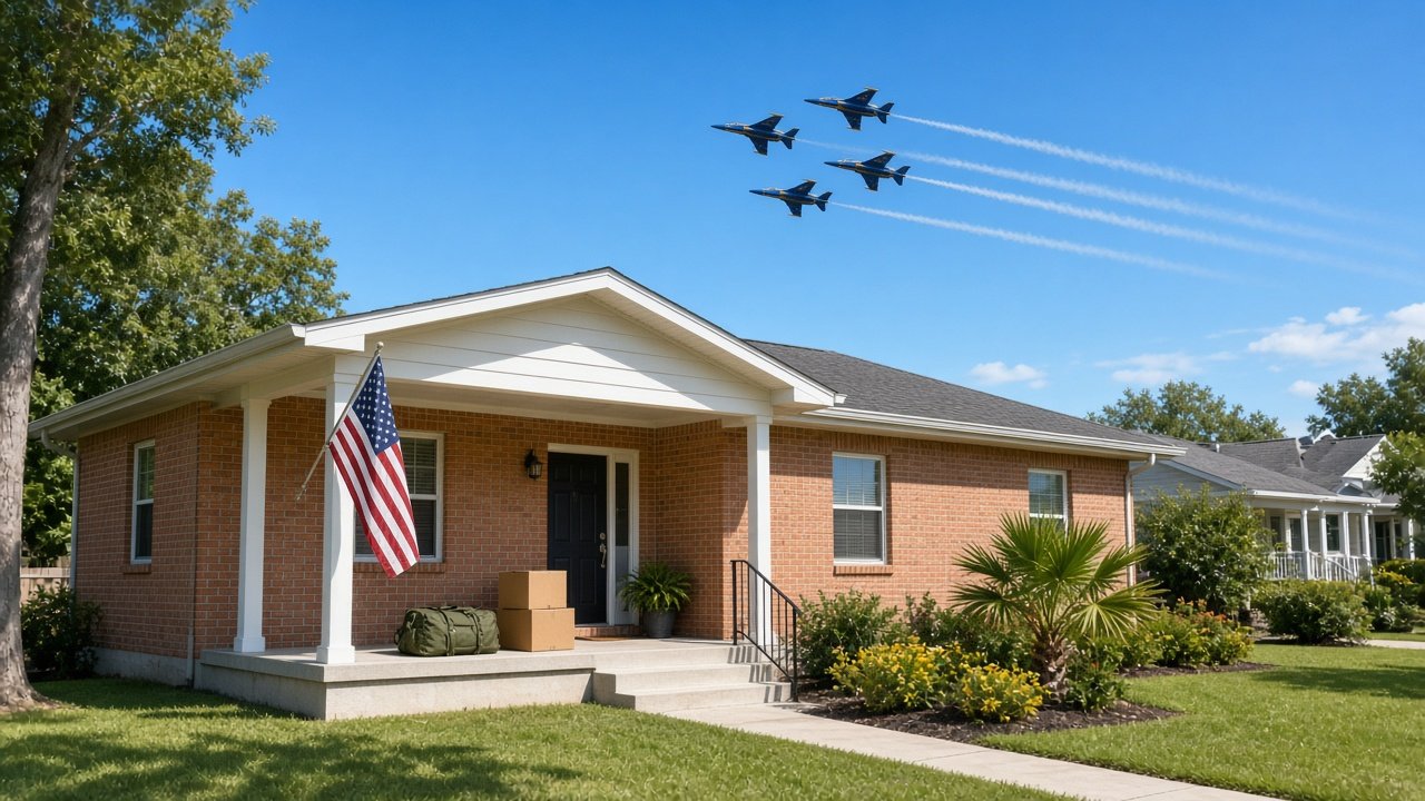 VA loan Pensacola: brick home with an American flag and moving boxes on the porch as four jets fly in formation overhead